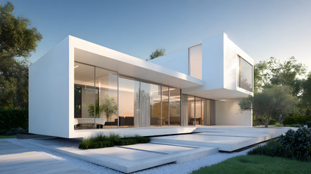 Concept house design with clean geometric style and modern landscaping. Ideal for architectural concept boards or futuristic housing projects.の写真素材