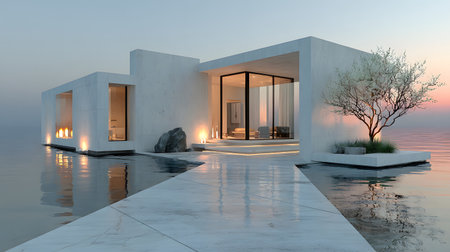 Concept house design with clean geometric style and modern landscaping. Ideal for architectural concept boards or futuristic housing projects.の写真素材