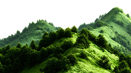 A realistic green mountain landscape with detailed trees and slopes isolated on a white background.の写真素材