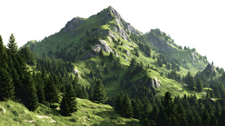 A realistic green mountain landscape with detailed trees and slopes isolated on a white background.の写真素材