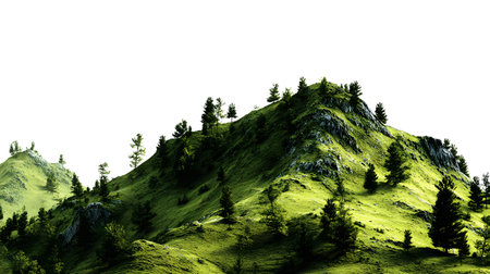 A realistic green mountain landscape with detailed trees and slopes isolated on a white background.の写真素材