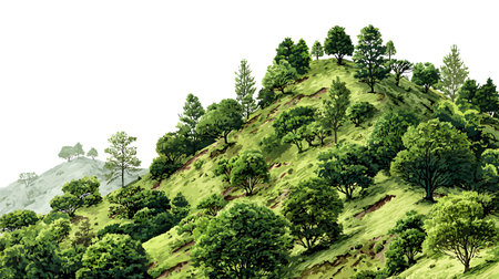 A realistic green mountain landscape with detailed trees and slopes isolated on a white background.の写真素材