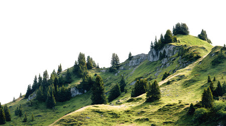 A realistic green mountain landscape with detailed trees and slopes isolated on a white background.