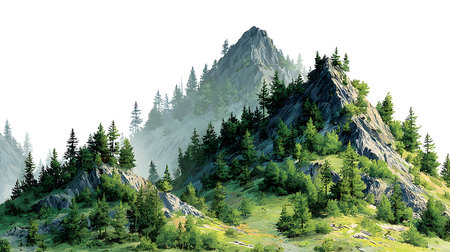A realistic green mountain landscape with detailed trees and slopes isolated on a white background.の写真素材