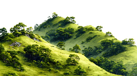 A realistic green mountain landscape with detailed trees and slopes isolated on a white background.の写真素材