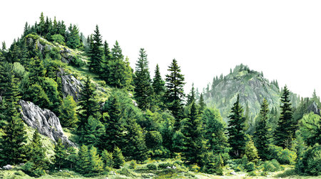 A realistic green mountain landscape with detailed trees and slopes isolated on a white background.の写真素材