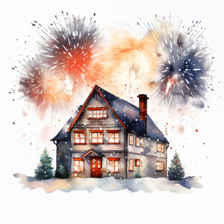 Hand drawn watercolor illustration of a winter landscape with a house and fireworksの素材