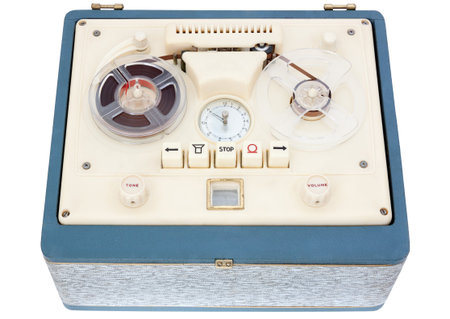 Vintage Open Reel Portable Tape Recorder in a case on white Background with clipping path