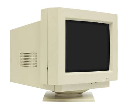 Side view of CRT monitor isolated on white with clipping path - plain dark screen for copyの写真素材