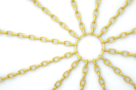 a golden chain in the sun shape isolated on white の写真素材