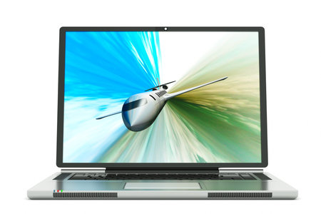 a laptop with airplane background on screen