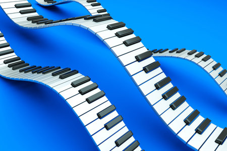 a piano keyboard waves on blueの写真素材