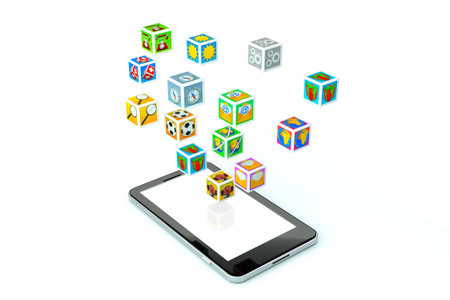 a single modern cellphone on white background with icons around it