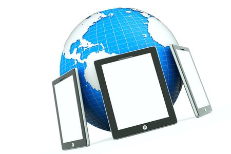 a tablet computer with globe as a concept of diagnosis of world economy stateの写真素材