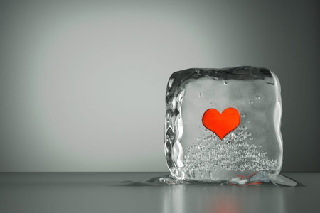 a frozen red heart as a simbol of frozen love, ice cubes with heart, a defrosting process