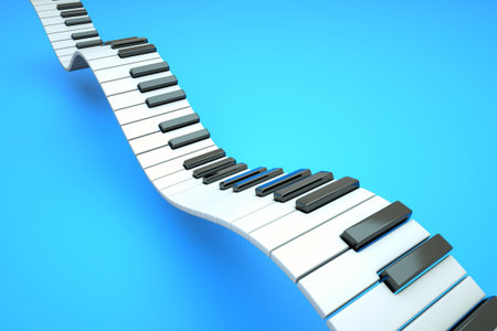 a piano keyboard waves on blueの写真素材
