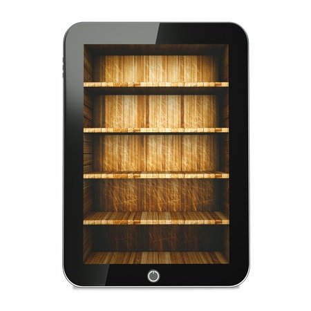 a tablet computer with wooden bookcase on screenの写真素材
