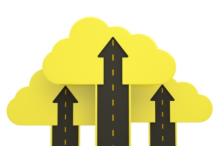 road up with yellow cloud and arrow on white, business success conceptの写真素材