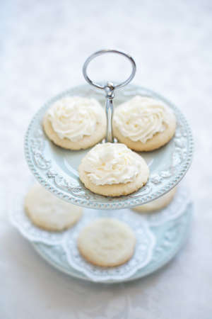 cookies with whipped cream on a creative plateの写真素材