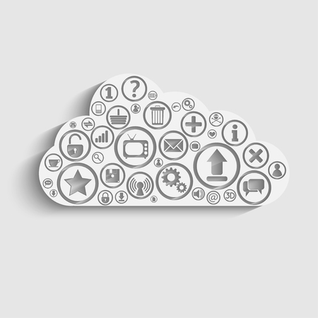Cloud Computing concept background with icons: lock, gears, reitings, basket, bubbles, mail, downloads, social network groupのイラスト素材