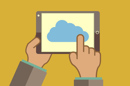 man hand holding a tablet touch computer with the image of cloud, retro vectorのイラスト素材