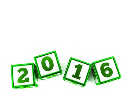 Green cubes with year change on a white table represents the new 2016, three-dimensional renderingの写真素材