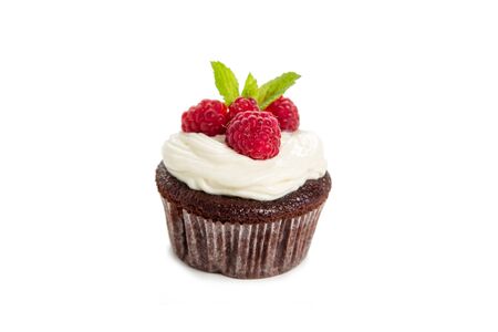 Raspberry chocolate cupcakes on white backgroundの写真素材