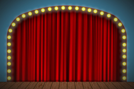 Stage with red curtain, lights and wooden floor. Vector for your designのイラスト素材