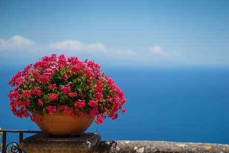 Pink flowers and bird-eye view at sea from villa Chimbrone. Amazing background for your designの写真素材