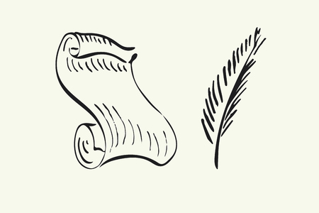 Hand drawn paper scroll, feather and inkwell. Vector illustration for your designのイラスト素材