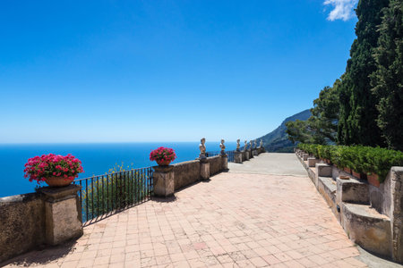 Ravello, Villa Cimbrone in a sunny summer day, infinite terrace and statues over the Amalfi Coast coastline.の写真素材