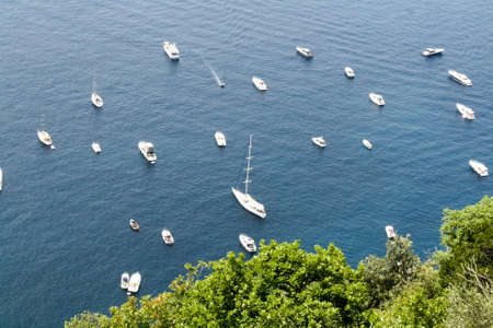 Many white boat in the sea near the Ligurian coastの写真素材
