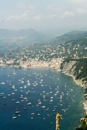 Many white boat in the sea near the Ligurian coastの写真素材