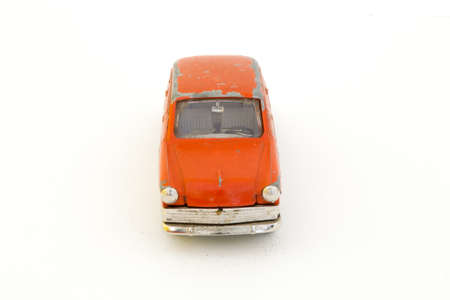 Shabby red car model Soviet Moskvich-408 in 1:43 scale.の写真素材
