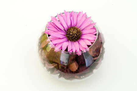Round glass vase with dried petals and a pink flower.の写真素材