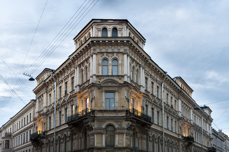 Classic corner building with balconies and columns on Voznesensky Prospectのeditorial素材