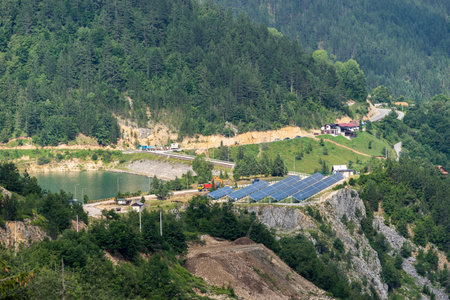 Solar power plant station in the mountains in Serbia near the lake Zaovine