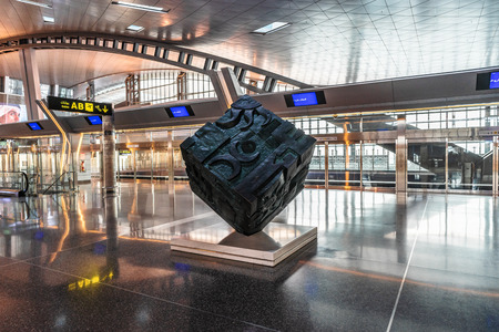 DOHA, QATAR - JANUARY 23, 2019: Modern art sculpture Indoors on territory of new Hamad International Airportのeditorial素材