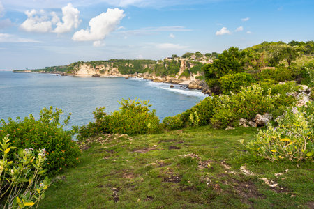 Nature of Bali Island in Indonesia. View from the high cliff on scenery coast with rocks,  stones...