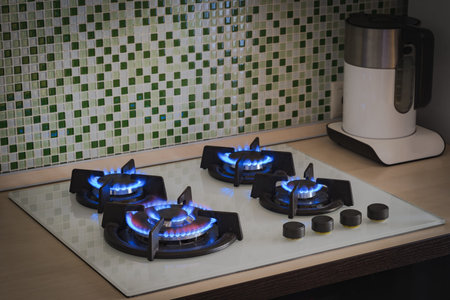 Gas is burning on the gas stove burners in the kitchen