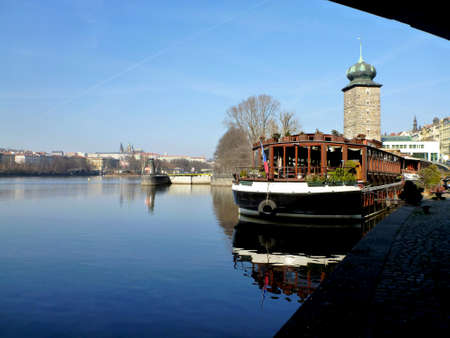 Beautiful boat on river Vltava in Pragueの写真素材