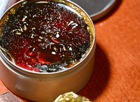 Close-up of solid soldering rosin flux in a metal tin