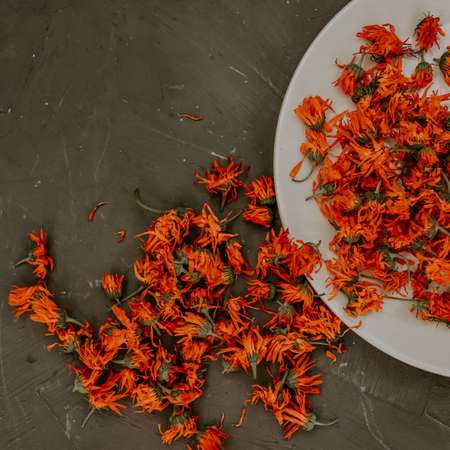 Dried flowers in a gray plate. Medicinal herbal dried plants marigold, orange calendula. Neutral white and gray background.の写真素材