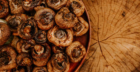 Cooked baked champignon mushrooms lie on a brown clay plate on a cracked brown hemp. Summer green blurred grass background.の写真素材