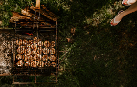 white identical small round mushrooms champignons stacked in even rows in a barbecue on the grill. Green grass background. Summer. White smoke over baked vegetables.の写真素材