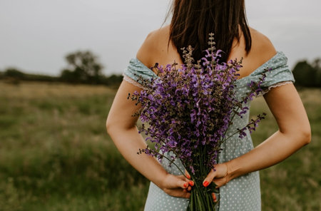 The girl holds in her hands a large bouquet of lilac and violet flowers behind back.の写真素材