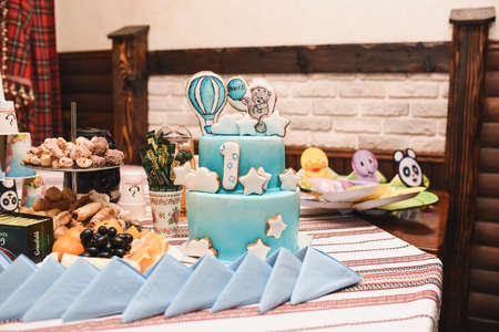 Table with food for the holiday. Cuisine. Culinary Buffet. Dinner Catering. Dining Food. Celebration Party. Concept wedding birthday. Sweet pastries dessertsの写真素材