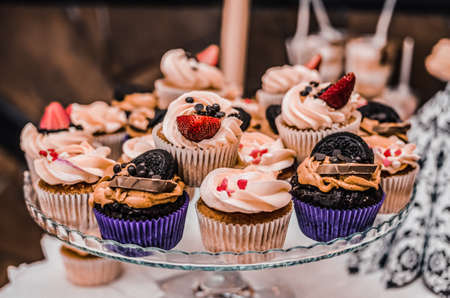 Table with food for the holiday. Cuisine. Culinary Buffet. Dinner Catering. Dining Food. Celebration Party. Concept wedding birthday. Sweet pastries dessertsの写真素材