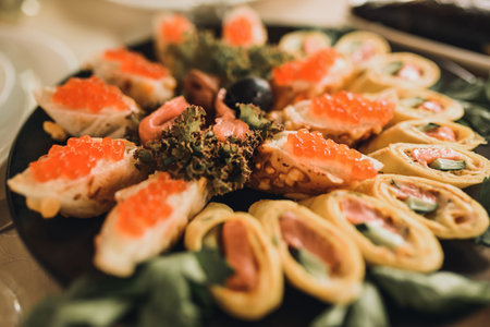 Table with food for the holiday. Cuisine. Culinary Buffet. Dinner Catering. Dining Food. Celebration...