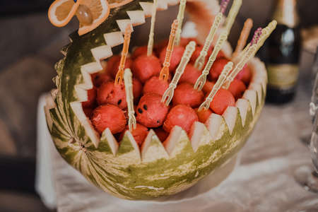 Table with food for the holiday. Cuisine. Culinary Buffet. Dinner Catering. Dining Food. Celebration Party. Concept wedding birthday. Sweet pastries dessertsの写真素材